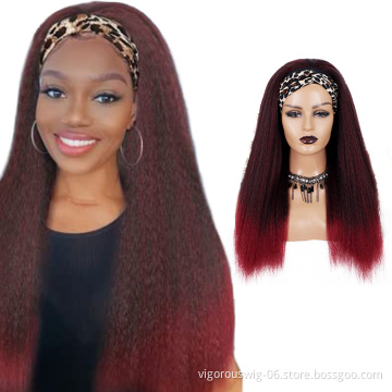 Kinky straight wholesale cheap ombre fiber hair for wig glueless non lace synthetic hair and wigs headband wig black women bulk